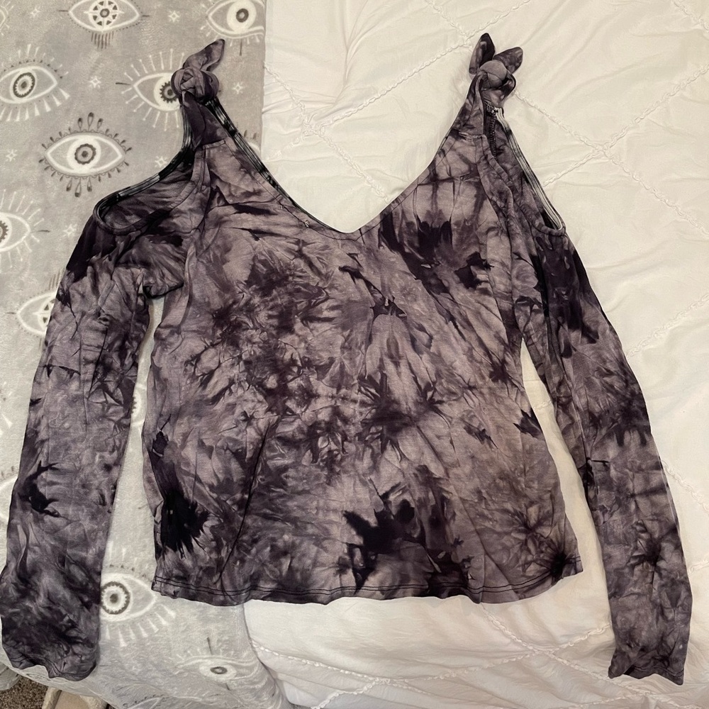 grey and black tie dye off the shoulder top